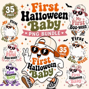 May include: A digital graphic bundle featuring 35 PNG files of cartoon ghosts wearing baseball caps and sunglasses. The ghosts are depicted with the text First Halloween Baby and My First Boo-ween in various colors including orange, green, and pink.