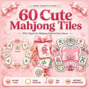 Grafika Mahjong, zestaw kafelków Kawaii | Różowe ikony kokietki, przezroczyste, PNG – gotowe do sublimacji, 60 plików