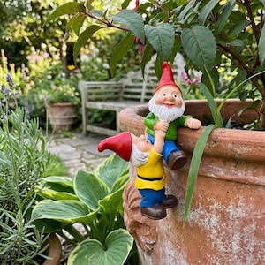 May include: Two garden gnomes, one in a red hat and yellow shirt, the other in a red hat and green jacket, are perched on a terracotta pot. The gnomes are smiling and appear to be interacting with each other. The background is a lush garden.