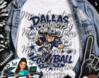 May include: A white t-shirt featuring a graphic of a cartoon football player wearing a cowboy hat and uniform, with the text Dallas Cowboys, Cowboy Pride, All Heart, and Dallas, TX, layered under a blue denim jacket with football-themed accents.