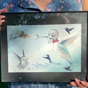 Skulltastic Hummingbirds: Watercolor Painting, 8 1/2&quot; x 5 1/2&quot; (10&quot; x 8&quot; with Frame)