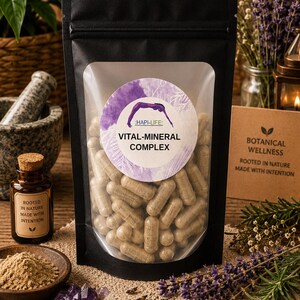 Könnte beinhalten: Ein schwarzer Standbodenbeutel mit beigen Kapseln, der ein kreisförmiges Etikett mit violettem Aquarellmuster, dem Text HAPI-LIFE: VITAL-MINERAL COMPLEX und einer Silhouette einer Person in Yoga-Pose im Sichtfenster aufweist.