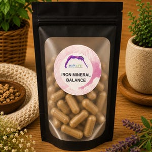 Op de afbeelding: Een zwarte stazak met een doorzichtig venster met daarin talloze lichtbruine capsules. Een rond etiket op de voorzijde bevat een paarse silhouetafbeelding, de tekst HAPI-LIFE en de woorden IRON MINERAL BALANCE in zwarte letters.