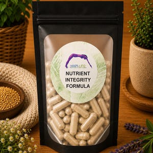 Könnte beinhalten: Ein schwarzer Standbeutel mit Sichtfenster, der beige Kapseln enthält. Das runde Etikett zeigt eine violette Silhouette einer tauchenden Person, den Text HAPI-LIFE sowie die Worte NUTRIENT INTEGRITY FORMULA in schwarzen Großbuchstaben.