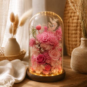 May include: A glass dome cloche with a dark wooden base containing an arrangement of preserved pink roses, carnations, and small white filler flowers. A string of warm LED fairy lights is wrapped around the base inside the glass enclosure.