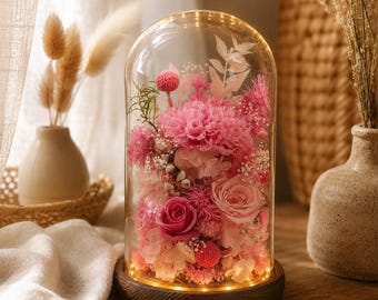 Glass Flower Dome, Eternal Rose Under Glass, Romantic Keepsake, Handmade Floral Arrangement, Anniversary Gift, Boho Home Accent