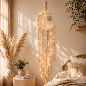 May include: A crescent moon-shaped macrame wall hanging made of off-white cord, featuring an intricate woven pattern, a small wooden owl charm, and warm glowing fairy lights draped throughout the long, dangling fringe tassels.