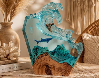 Ocean Wave Resin Lamp, Surfer, Whale Shark, Jellyfish, Wood Base Coastal Décor, Night Light.