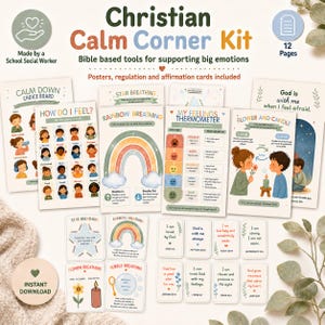 Puede incluir: Un kit Christian Calm Corner con 12 páginas de herramientas basadas en la Biblia para apoyar las emociones intensas. El conjunto incluye pósteres, tarjetas de regulación y tarjetas de afirmación con ilustraciones de niños, arcoíris y estrellas.