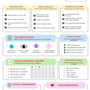 May include: An ADHD Cleaning Planner document with sections for Morning Focus, Midday Check-in, and Evening Wind-down. It includes a Task Breakdown, Flexible Timing, Visual Progress Tracker, Quick Boost Ideas, Notes, and Kind Reminders with text.