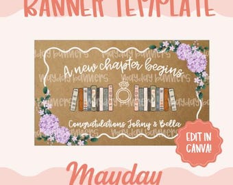 May include: A rectangular banner template on a kraft paper background featuring a white scalloped border, purple hydrangea clusters, a row of illustrated books, a diamond ring icon, and the text A new chapter begins and Congratulations Johny & Bella.