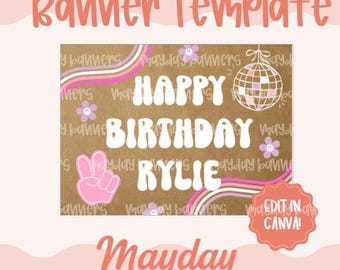 Retro Birthday Banner Template | Groovy Disco Ball, Peace Sign (Digital Download)