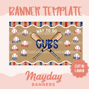 May include: A baseball-themed banner template with the text "BANNER TEMPLATE" in pink. The banner features crossed baseball bats, baseballs, and the word "CUBS" in blue. The text "WAY TO GO" is also present.