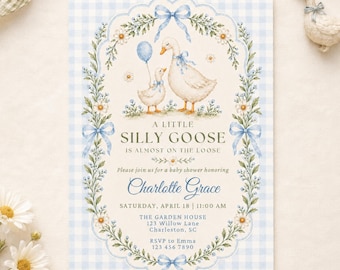 A Little Silly Goose Baby Shower Invitation, Blue Gingham Boy, Editable Canva Template