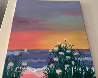 Dipinto originale di tramonto sulla spiaggia / Arte murale costiera / Paesaggio marino con margherite / Pittura acrilica su tela