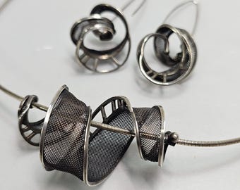 Artisan Sterling Silver Necklace Earrings Set, Industrial Modernist Kinetic, Handmade