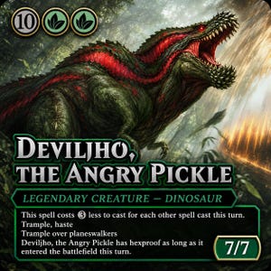 May include: A trading card featuring a large, green, reptilian creature with red stripes and glowing red eyes, mouth open with sharp teeth. Text reads: Deviljho, The Angry Pickle, Legendary Creature - Dinosaur, 7/7, and game mechanics.