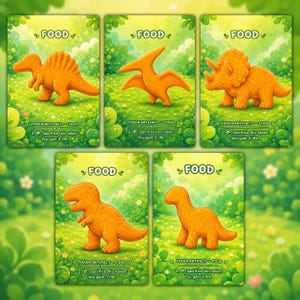 May include: Five rectangular game cards featuring orange dinosaur-shaped food nuggets on a green grassy background. Each card displays the text FOOD, TOKEN ARTIFACT - FOOD, and the game instructions: 2, tap symbol, Sacrifice this token: You gain 3 life.