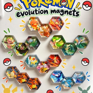 May include: A collection of hexagonal magnets featuring various Pokémon characters in different stages of evolution. The display includes the text Pokémon evolution magnets at the top, surrounded by small Poké Ball icons and yellow star graphics.
