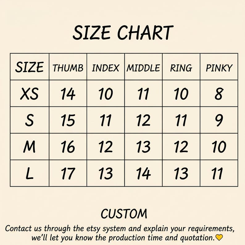 May include: A size chart with the title "SIZE CHART" in black font. The chart has four rows labeled XS, S, M, and L. Columns are labeled THUMB, INDEX, MIDDLE, RING, and PINKY. The chart includes measurements for each finger.