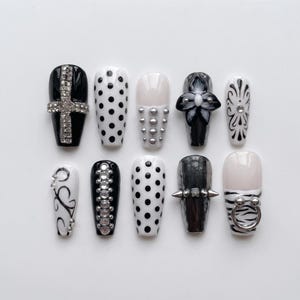 Black White Polka Dot Press On Nails ｜ Rhinestone Cross and 3D Flower Charms ｜ Medium Square Fake Nails ｜ Reusable Handmade Nail Art Set