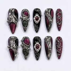 Purple Metal Eye Press On Nails｜Black Chrome Gem Nail Set｜Cracked Cyber Orb Tips｜Industrial Gothic Stiletto Manicure｜Edgy Gift Set