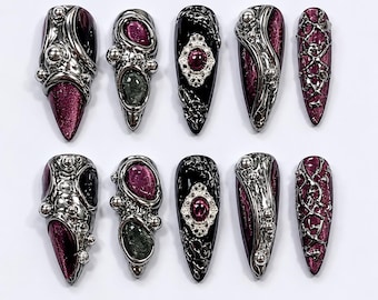 Purple Metal Eye Press On Nails｜Black Chrome Gem Nail Set｜Cracked Cyber Orb Tips｜Industrial Gothic Stiletto Manicure｜Edgy Gift Set