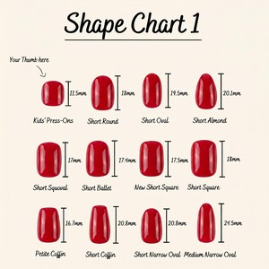 May include: A chart displaying various red nail shapes with measurements in millimeters. The chart includes shapes like Short Round, Short Oval, Short Almond, Short Squoval, Short Ballet, New Short Square, Short Square, Petite Coffin, Short Coffin, and more.