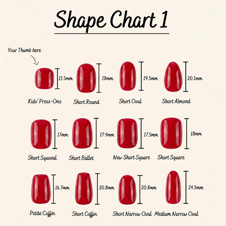 May include: A chart displaying various red nail shapes with measurements in millimeters. The chart includes shapes like Short Round, Short Oval, Short Almond, Short Squoval, Short Ballet, New Short Square, Short Square, Petite Coffin, Short Coffin, and more.
