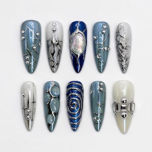 Ice Blue Circuit Press On Nails｜Navy Shell Chrome Nail Set｜Silver Spiral Armor Tips｜Futuristic Cyber Stiletto Manicure｜Luxury Gift