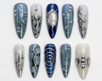 Ice Blue Circuit Press On Nails｜Navy Shell Chrome Nail Set｜Silver Spiral Armor Tips｜Futuristic Cyber Stiletto Manicure｜Luxury Gift
