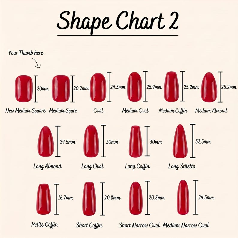 May include: A chart displaying various red nail shapes, including New Medium Square, Oval, and Long Stiletto. Measurements in millimeters are provided for each shape, with the text "Shape Chart 2" at the top.