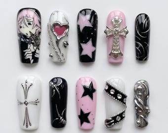 Pastel Emo Anime Press On Nails｜Black Pink Cross Star Chain Heart Design｜Silver Chrome Gothic Charms｜Cute Punk Handmade Fake Nail Set