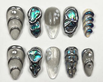 Gray Abalone Chrome Press On Nails｜3D Shell Mermaid Design｜Smoky Jelly Gel Set｜Luxury Handmade Nail Tips Gift for Women｜Salon Look