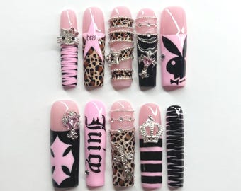 Pink Leopard Punk Press On Nails｜Black Bunny Crown Star Chain Design｜Zebra Print Rhinestone Charms｜Edgy Brat Y2K Long Square Nail Set