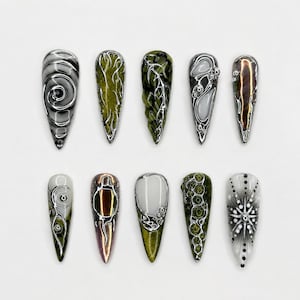 Moss Green Biotech Press On Nails｜Silver Bubble Chain Nail Set｜Metallic Beetle Wing Design｜Alien Garden Stiletto Tips｜Luxury Art Gift