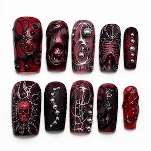 Ruby Bones Press On Nails｜Dark Anatomical Skull Ribcage Manicure｜Burgundy Spider Web Art｜Haunted Horror Reusable Set for Night Party