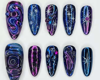 Galaxy Aurora Press On Nails｜Blue Purple Cosmic Cat Eye Nails｜Magnetic Starburst Manicure｜Celestial Long Almond Set for Festival Nights