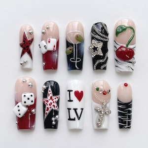 Vegas Dice Cherry Press On Nails｜Red Black Martini Card Star Design｜Silver Cross Chain Details｜Playful Y2K Handmade Party Manicure Set