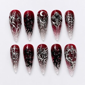 Blood Ruby Gothic Press On Nails | Black Flame Spider Nail Set | Clear Ice Stiletto Tips | Dark Butterfly Handmade Reusable Glue On Nails