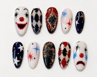 Jester Carnival Press On Nails｜Red Blue Star Face Nail Set｜Gold Glitter Harlequin Tips｜Whimsical Circus Almond Manicure｜Party Gift