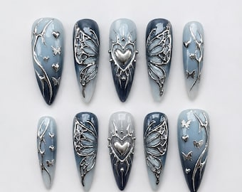 Ice Fairy Heart Press On Nails｜Powder Blue Wing Nail Set｜Silver Sculpted Charm Almond Tips｜Ethereal Reusable Glue On Nails for Women