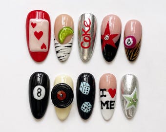 Retro Game Collage Press On Nails｜Eight Ball Dice Soda Nail Set｜Zebra Lime Heart Graphic Tips｜Y2K Pop Art Short Nails｜Fun Party Gift