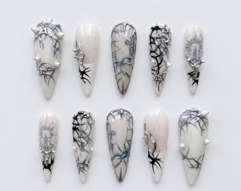 White Silver Cyber Press On Nails｜Abstract Tribal Crackle Spike Nail Art｜Long Stiletto Chrome Nails｜Handmade Reusable Fake Nail Set Gift