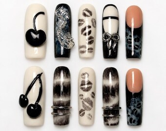 Camo Spike Punk Press On Nails｜Green Red Black Rhinestone Nail Set｜Military Grunge Stiletto Tips｜Edgy Handmade Reusable Glue On Nails