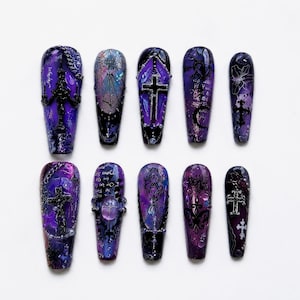Violet Chapel Press On Nails｜Black Lace Cathedral Manicure｜Amethyst Coffin Nail Set｜Moody Vampire Halloween Reusable Nails Gift for Her