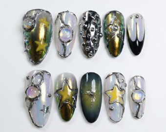 Opal Green Star Press On Nails｜Iridescent Pearl Orb Nails｜Celestial Chrome Bubble Manicure｜Dreamy Handmade Nails for Festival Party