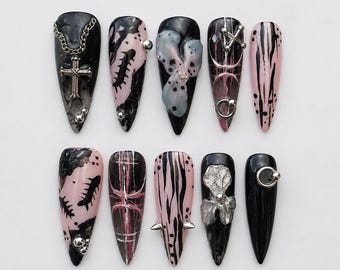 Pink Grunge Fishbone Press On Nails｜Black Bow Cross Nail Set｜Silver Ring Y2K Pattern｜Edgy Punk Long Stiletto Handmade Nails Gift Set