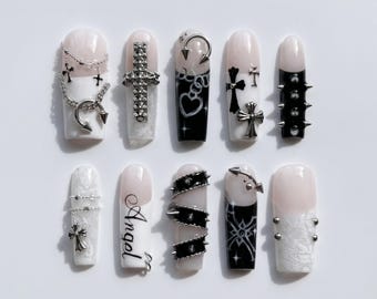 Black White Angel Press On Nails｜Silver Cross Chain Nail Set｜Gothic Spike Square Nails｜Handmade Reusable Glue On Nails Gift for Her