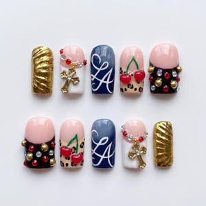 Cherry Monogram Cross Press On Nails｜Navy Cream Leopard Nails｜Gold Chrome Shell Tips｜Coquette Short Square Nail Set｜Luxury Gift For Her